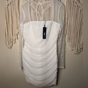 Fashion Nova Strapless White Dress with Mesh Sleeves